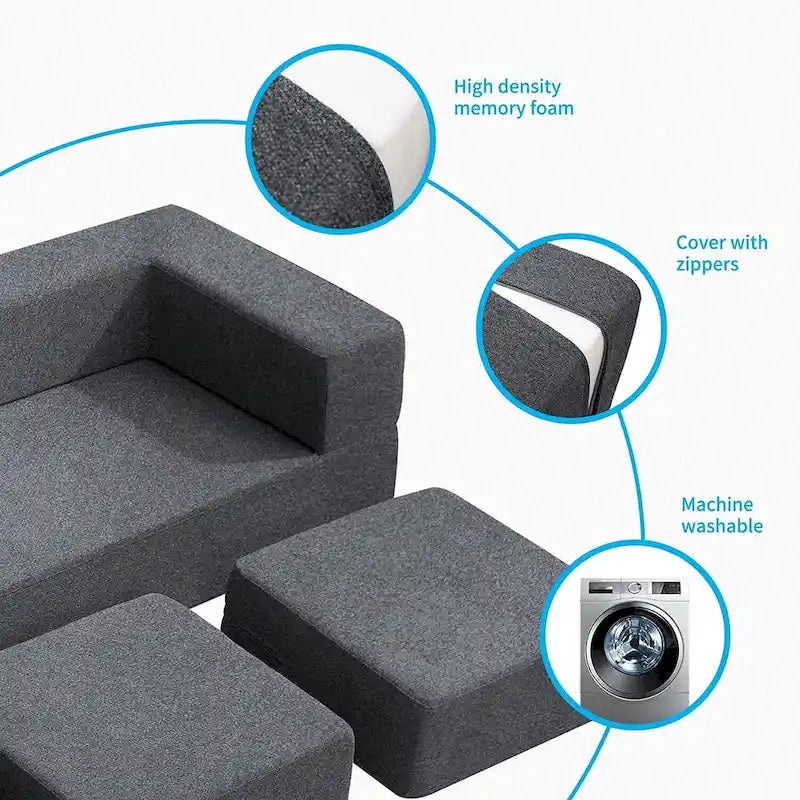 Queen Convertible Velvet Futon Sofa Bed with 3 Ottomans and Memory Foam Mattress