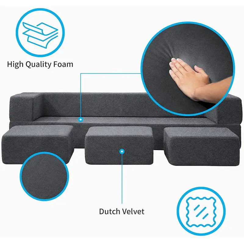 Queen Convertible Velvet Futon Sofa Bed with 3 Ottomans and Memory Foam Mattress