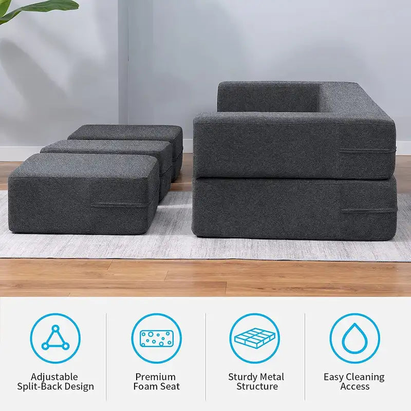 Queen Convertible Velvet Futon Sofa Bed with 3 Ottomans and Memory Foam Mattress