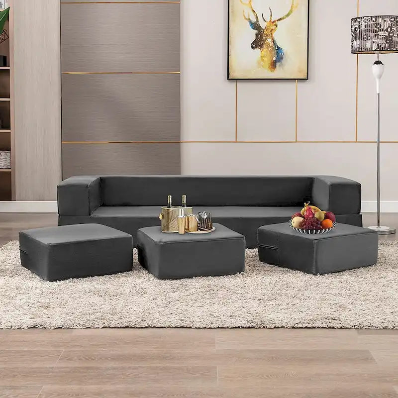 Queen Convertible Velvet Futon Sofa Bed with 3 Ottomans and Memory Foam Mattress