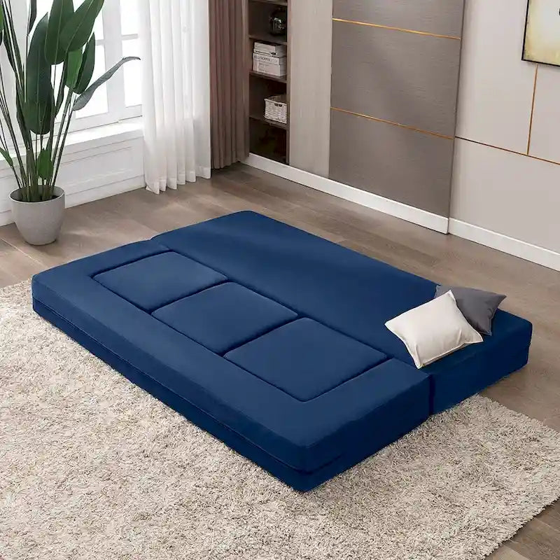 Queen Convertible Velvet Futon Sofa Bed with 3 Ottomans and Memory Foam Mattress
