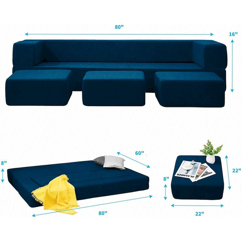 Queen Convertible Velvet Futon Sofa Bed with 3 Ottomans and Memory Foam Mattress