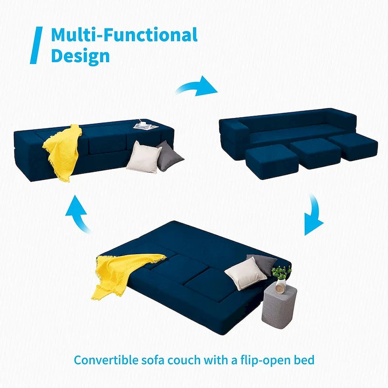 Queen Convertible Velvet Futon Sofa Bed with 3 Ottomans and Memory Foam Mattress
