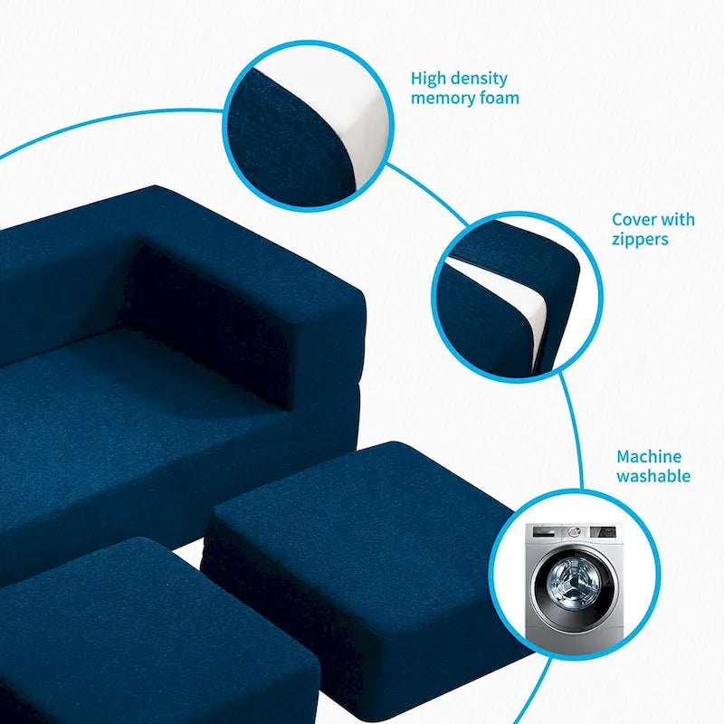 Queen Convertible Velvet Futon Sofa Bed with 3 Ottomans and Memory Foam Mattress