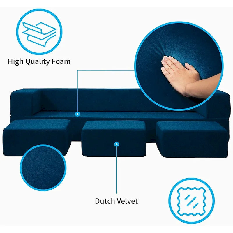 Queen Convertible Velvet Futon Sofa Bed with 3 Ottomans and Memory Foam Mattress