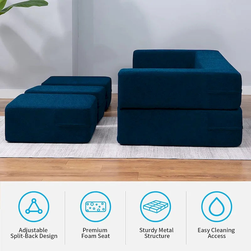 Queen Convertible Velvet Futon Sofa Bed with 3 Ottomans and Memory Foam Mattress
