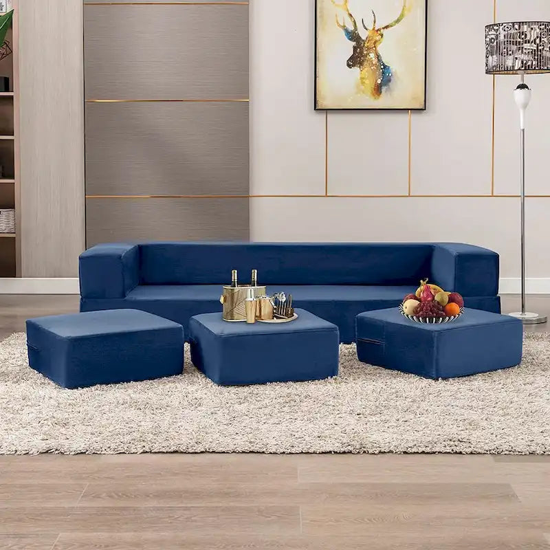 Queen Convertible Velvet Futon Sofa Bed with 3 Ottomans and Memory Foam Mattress