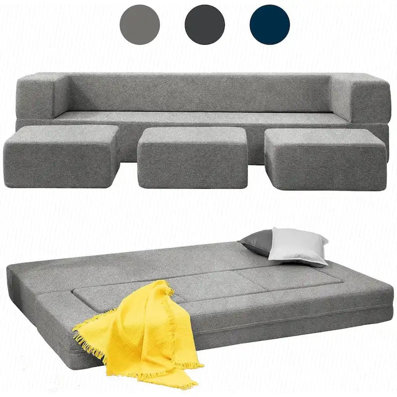 Queen Convertible Velvet Futon Sofa Bed with 3 Ottomans and Memory Foam Mattress