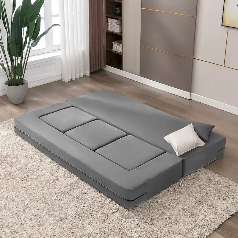 Queen Convertible Velvet Futon Sofa Bed with 3 Ottomans and Memory Foam Mattress