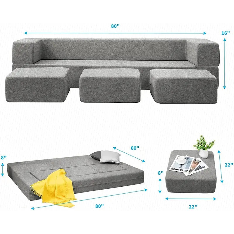 Queen Convertible Velvet Futon Sofa Bed with 3 Ottomans and Memory Foam Mattress