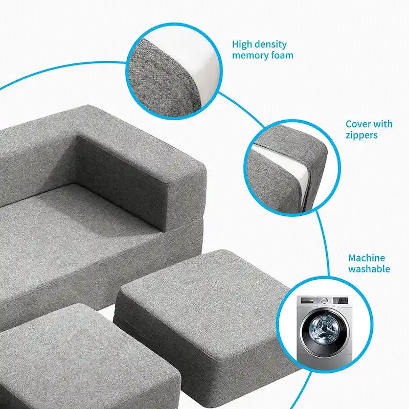 Queen Convertible Velvet Futon Sofa Bed with 3 Ottomans and Memory Foam Mattress