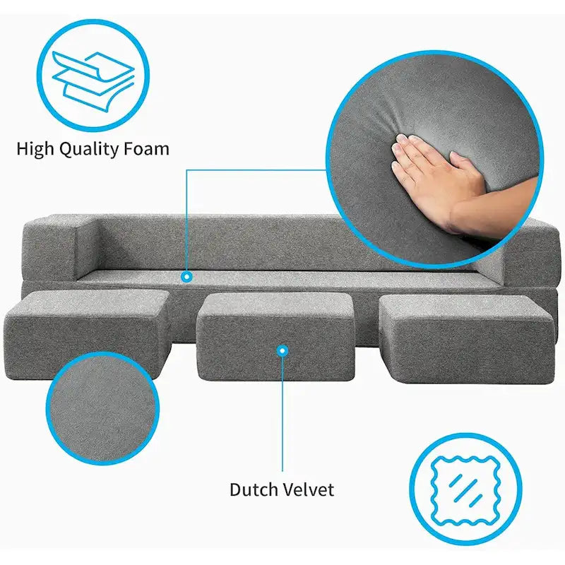 Queen Convertible Velvet Futon Sofa Bed with 3 Ottomans and Memory Foam Mattress