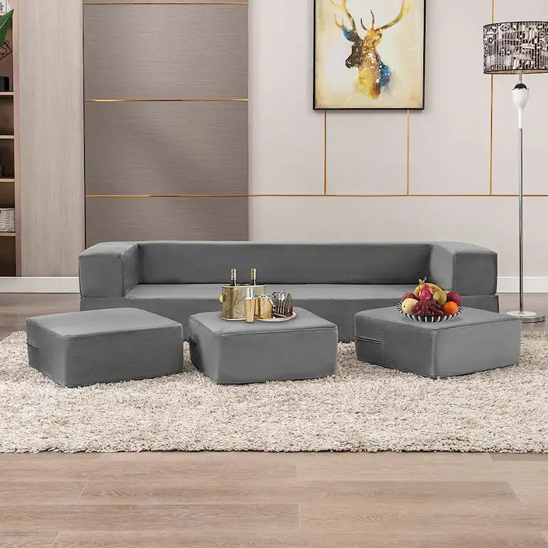 Queen Convertible Velvet Futon Sofa Bed with 3 Ottomans and Memory Foam Mattress