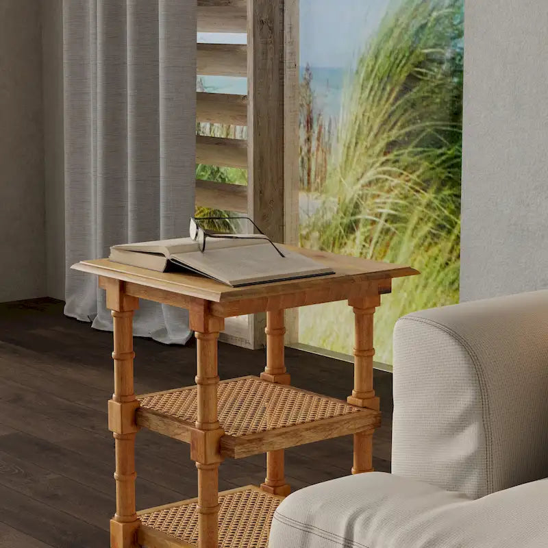 Mango Wood and Cane 3-Shelf Side Table with Turned Legs