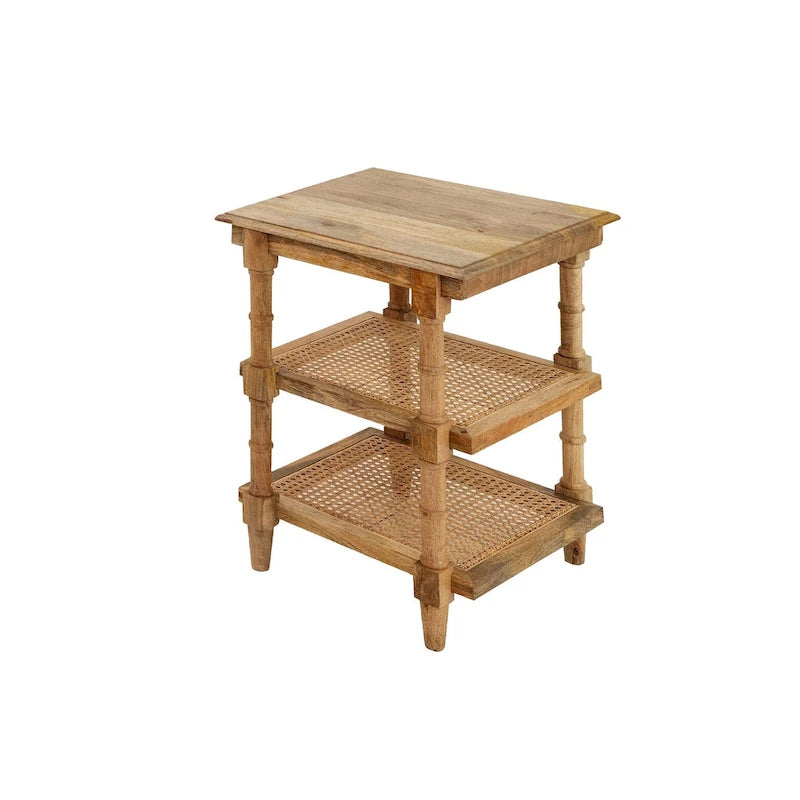 Mango Wood and Cane 3-Shelf Side Table with Turned Legs