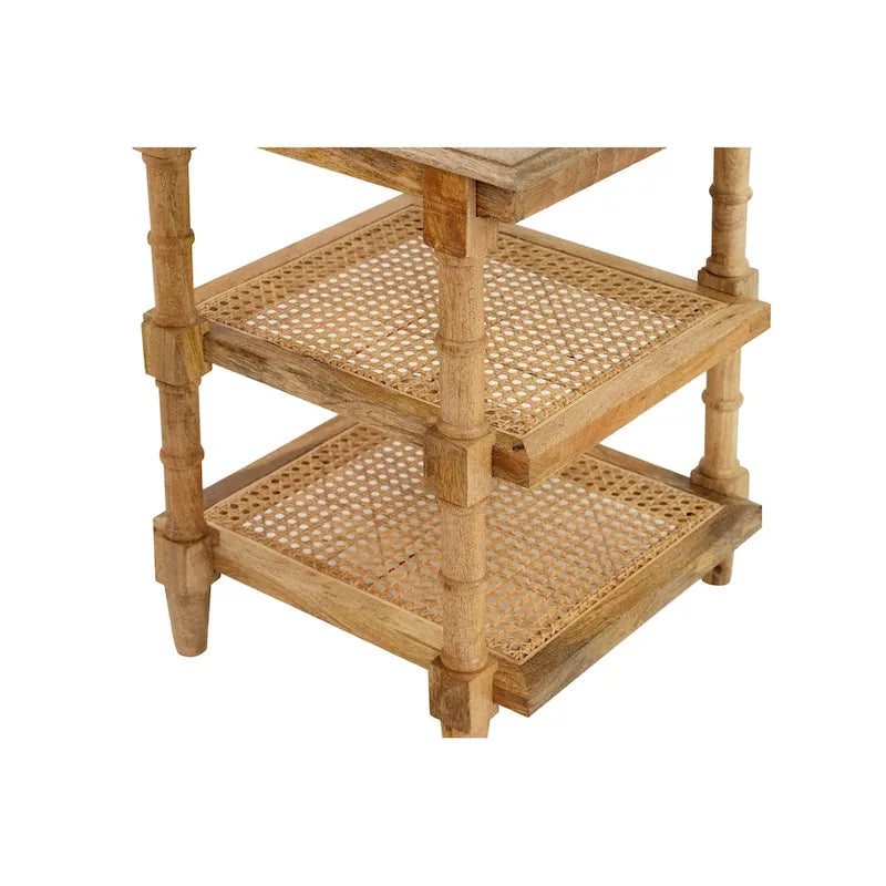 Mango Wood and Cane 3-Shelf Side Table with Turned Legs