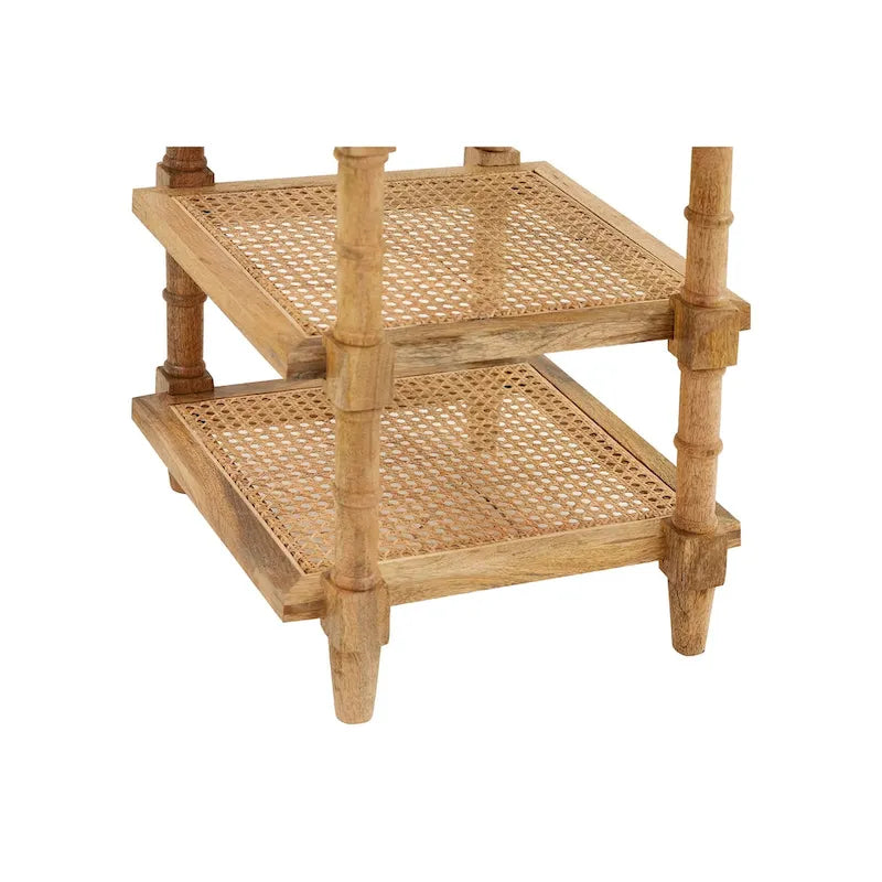 Mango Wood and Cane 3-Shelf Side Table with Turned Legs