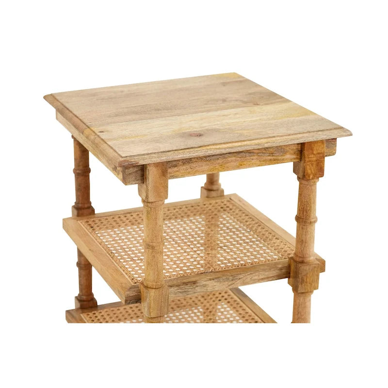 Mango Wood and Cane 3-Shelf Side Table with Turned Legs
