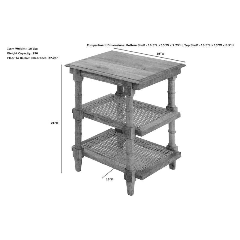 Mango Wood and Cane 3-Shelf Side Table with Turned Legs