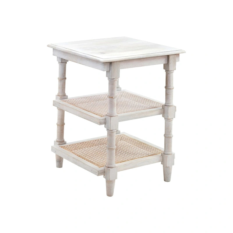 Mango Wood and Cane 3-Shelf Side Table with Turned Legs