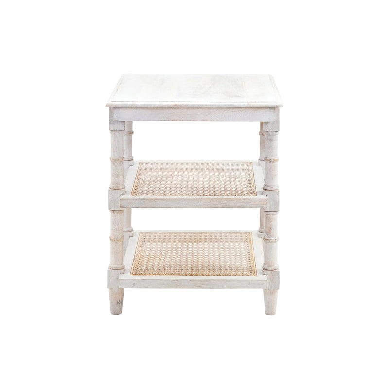 Mango Wood and Cane 3-Shelf Side Table with Turned Legs