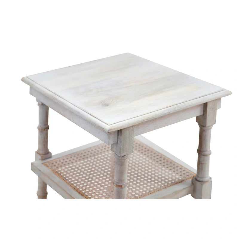 Mango Wood and Cane 3-Shelf Side Table with Turned Legs