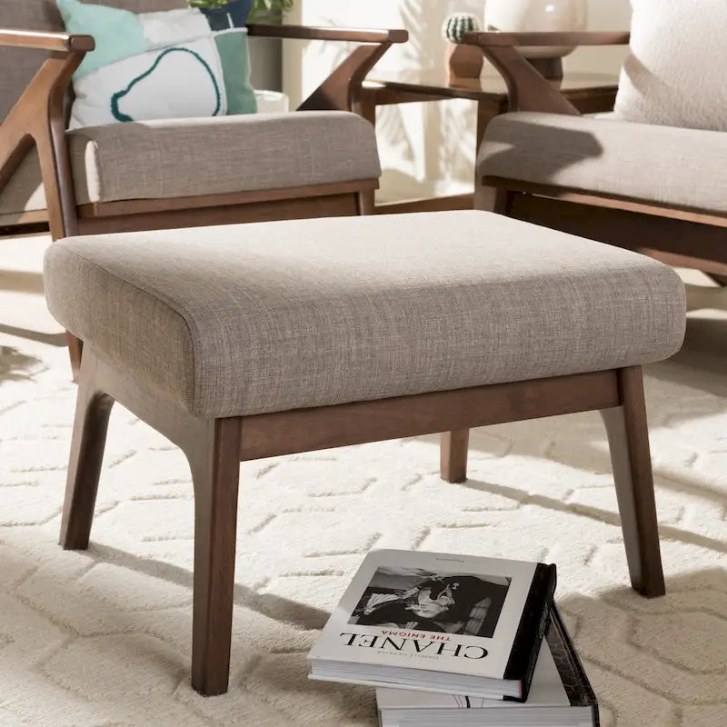 Mid-Century Ottoman with Removable Cushion and Angular Wood Frame