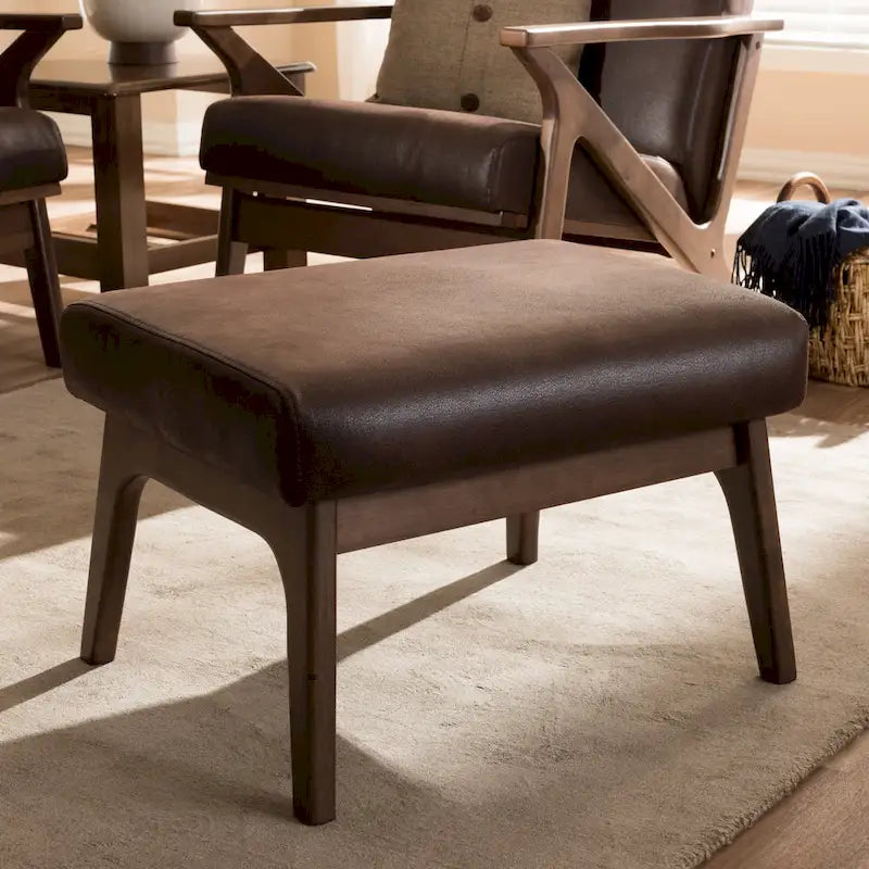 Mid-Century Ottoman with Removable Cushion and Angular Wood Frame