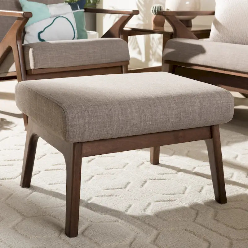 Mid-Century Ottoman with Removable Cushion and Angular Wood Frame