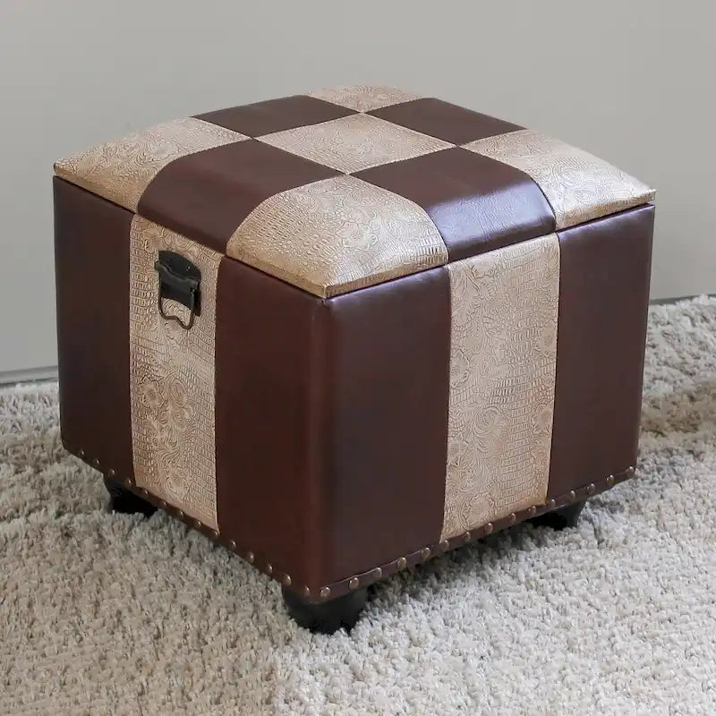 Square Faux Leather Storage Ottoman with Ball Feet | Trunk-Style Footrest