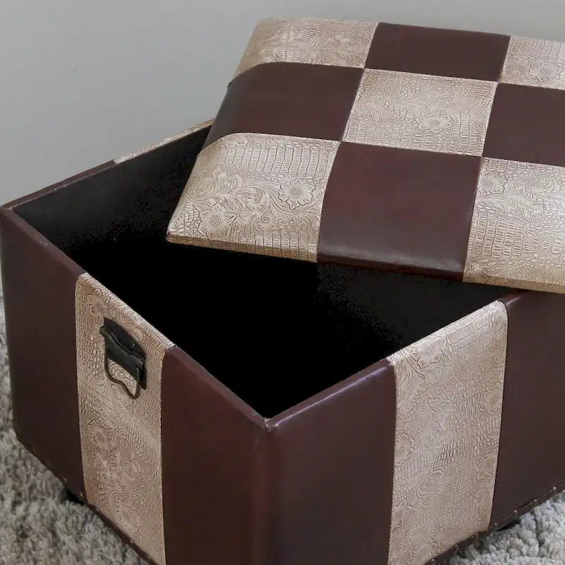 Square Faux Leather Storage Ottoman with Ball Feet | Trunk-Style Footrest