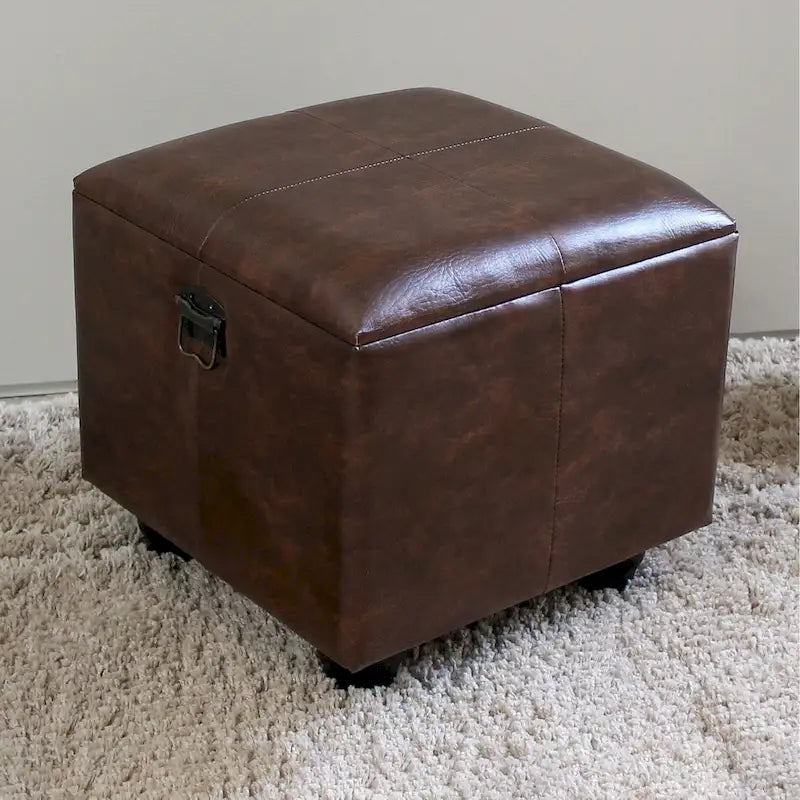 Square Faux Leather Storage Ottoman with Ball Feet | Trunk-Style Footrest