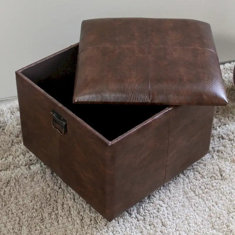 Square Faux Leather Storage Ottoman with Ball Feet | Trunk-Style Footrest