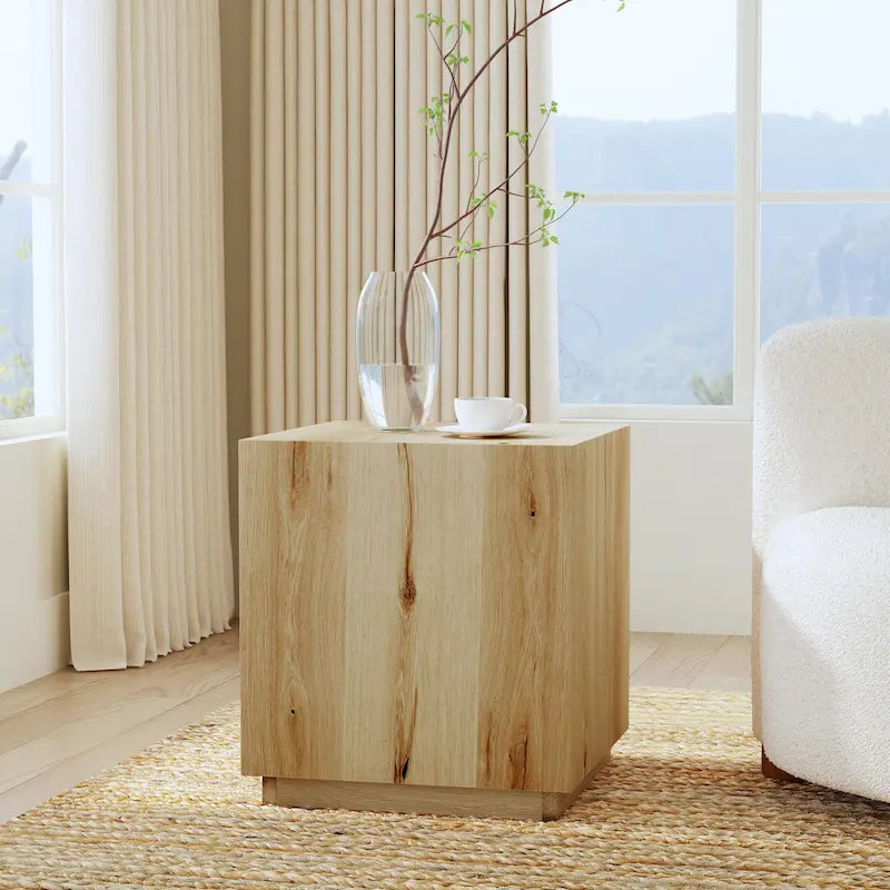 Square Oak Veneer End Table with Plinth Base