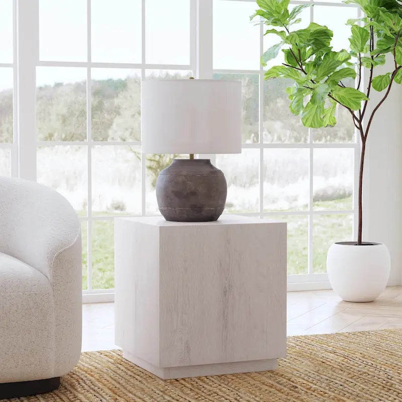 Square Oak Veneer End Table with Plinth Base