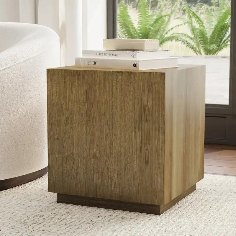 Square Oak Veneer End Table with Plinth Base