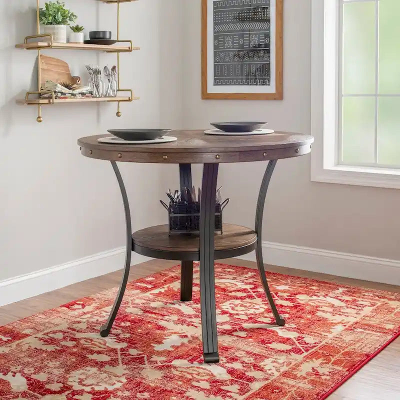 Round Counter Height Dining Table with Metal Legs and Open Storage Shelf