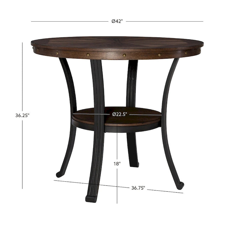 Round Counter Height Dining Table with Metal Legs and Open Storage Shelf