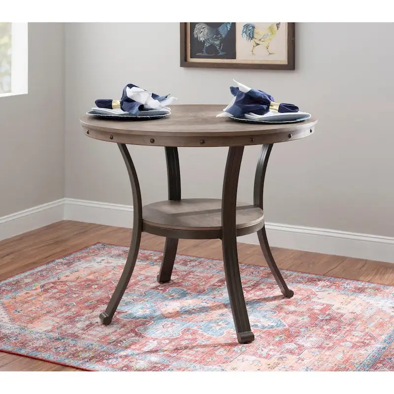 Round Counter Height Dining Table with Metal Legs and Open Storage Shelf