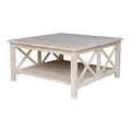 Solid Parawood Square Coffee Table with X-Frame Supports and Open Shelf