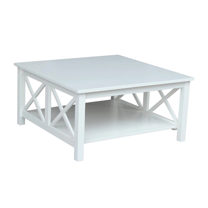 Table basse carrée en parawood massif avec pieds en X et étagère ouverte