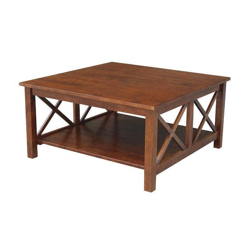 Table basse carrée en parawood massif avec pieds en X et étagère ouverte