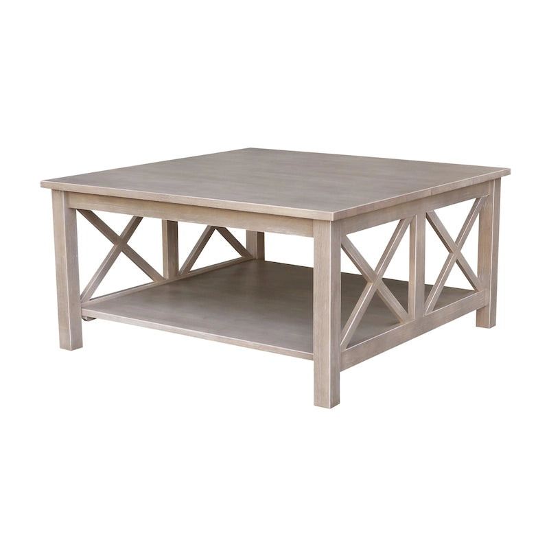 Table basse carrée en parawood massif avec pieds en X et étagère ouverte