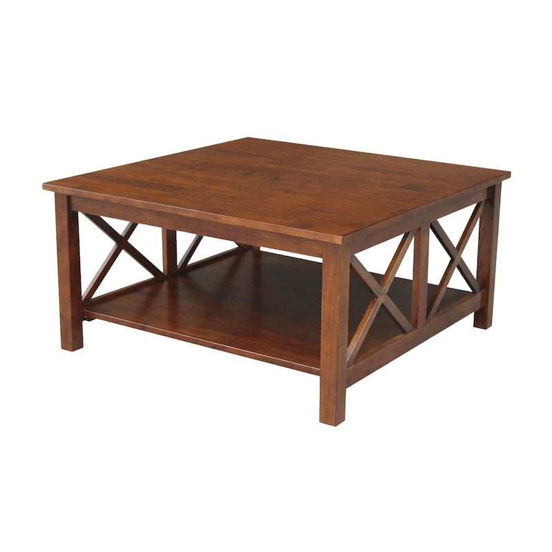 Solid Parawood Square Coffee Table with X-Frame Supports and Open Shelf