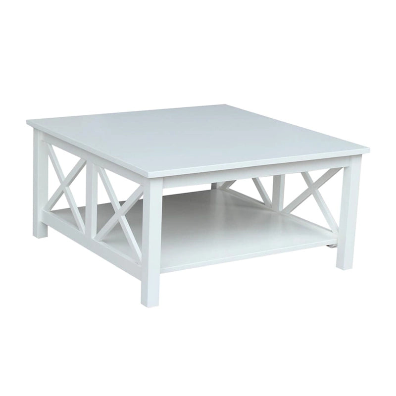 Solid Parawood Square Coffee Table with X-Frame Supports and Open Shelf