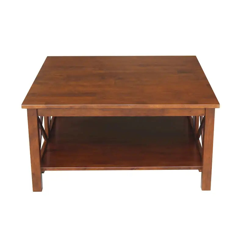 Solid Parawood Square Coffee Table with X-Frame Supports and Open Shelf