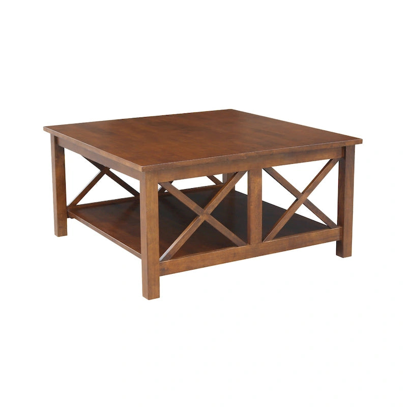Solid Parawood Square Coffee Table with X-Frame Supports and Open Shelf