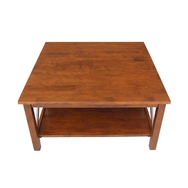Solid Parawood Square Coffee Table with X-Frame Supports and Open Shelf