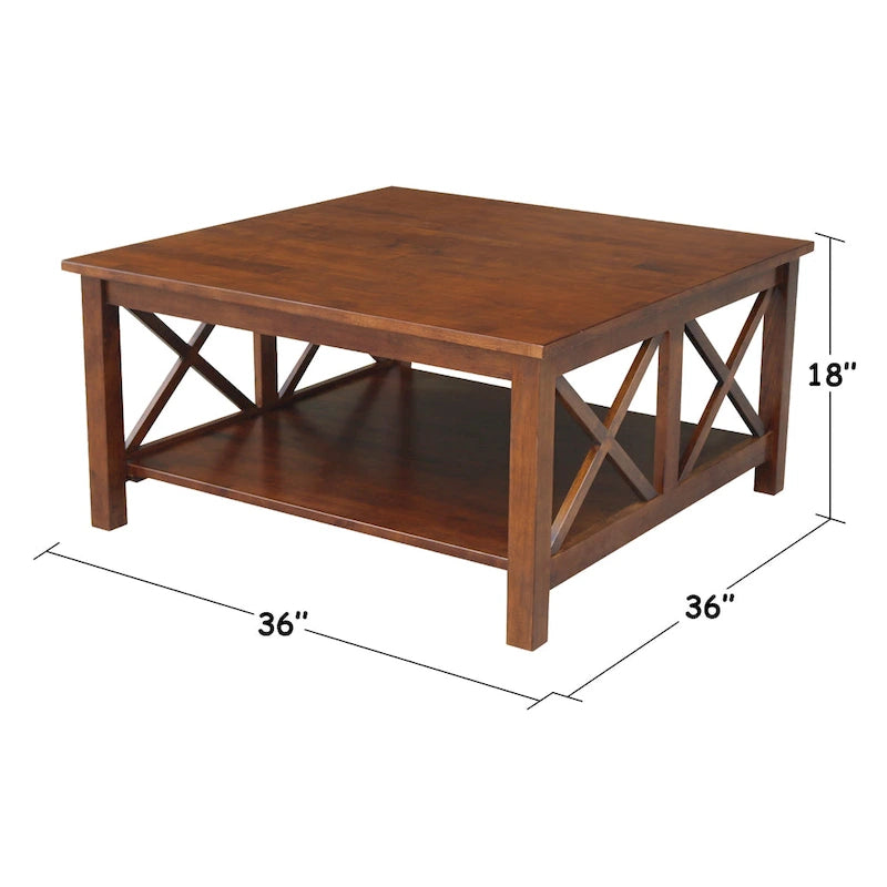 Solid Parawood Square Coffee Table with X-Frame Supports and Open Shelf