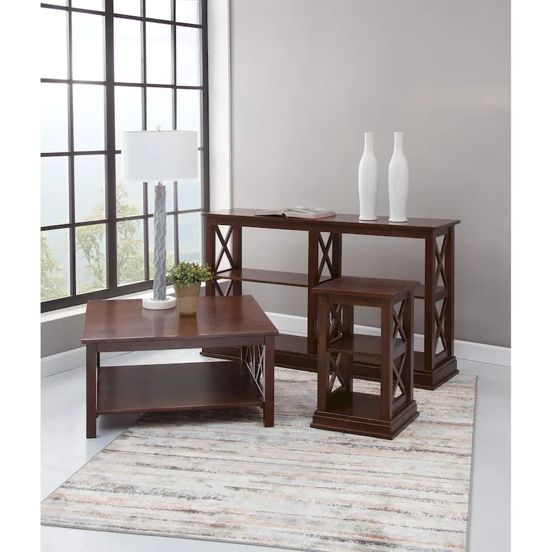 Solid Parawood Square Coffee Table with X-Frame Supports and Open Shelf